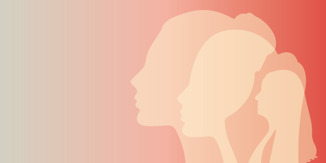 Faces in profile against a rose-colored gradient background